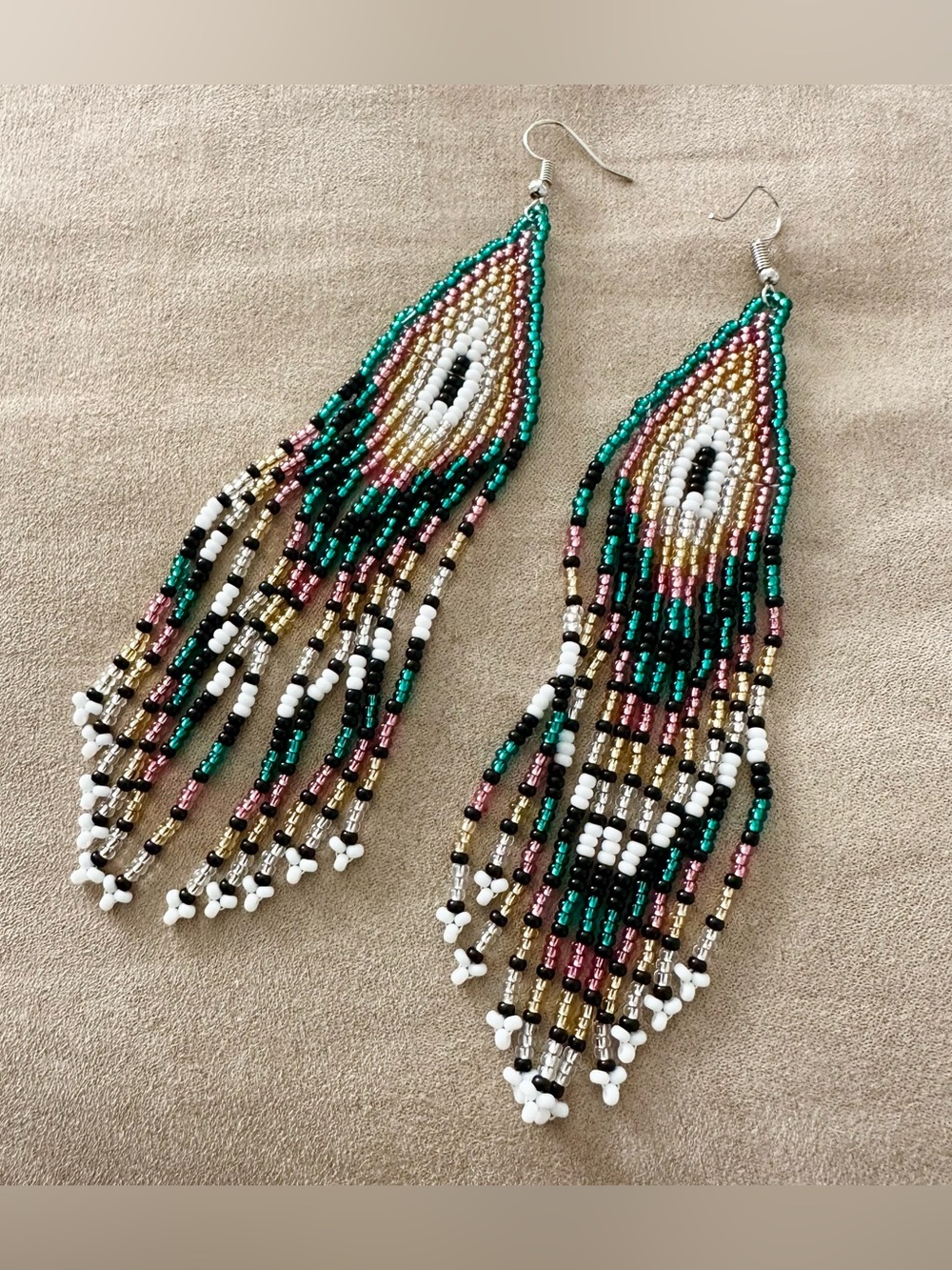 Handmade Amazon Region Beaded Evil Eye Fringe Earrings Boho Shoulder Dusters